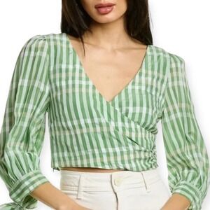 Cinq a Sept Flora NWT‎ Wrap Blouse Green Gingham Tie Sleeve Cropped Top size XS